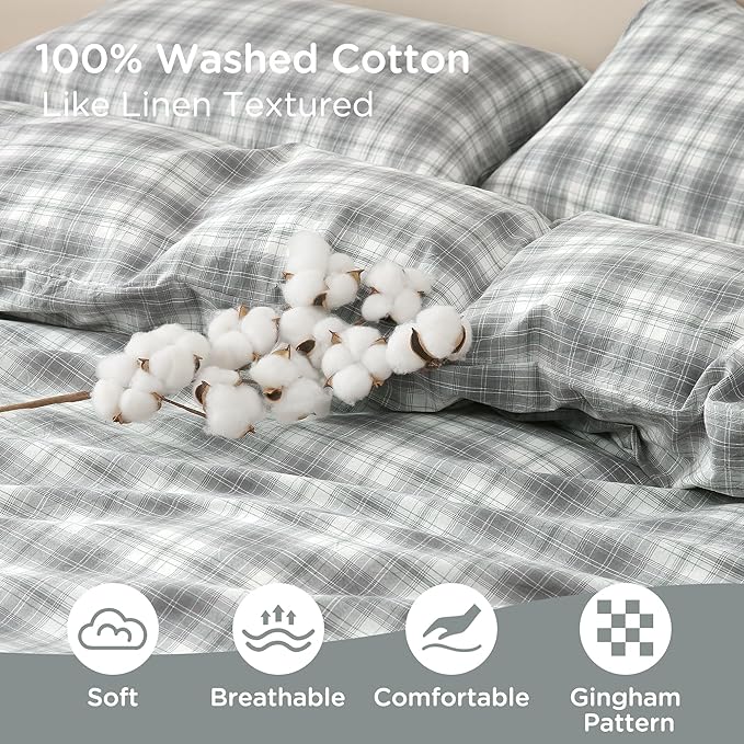 TOCOMOA Plaid Duvet Cover Set 100% Washed Cotton Like Linen, Queen | Linen-Like Feel Soft, Breathable & Comfy for All Season. Grey and Green Bedding Set with Zipper & 8 Ties. 3 Pcs, No Insert