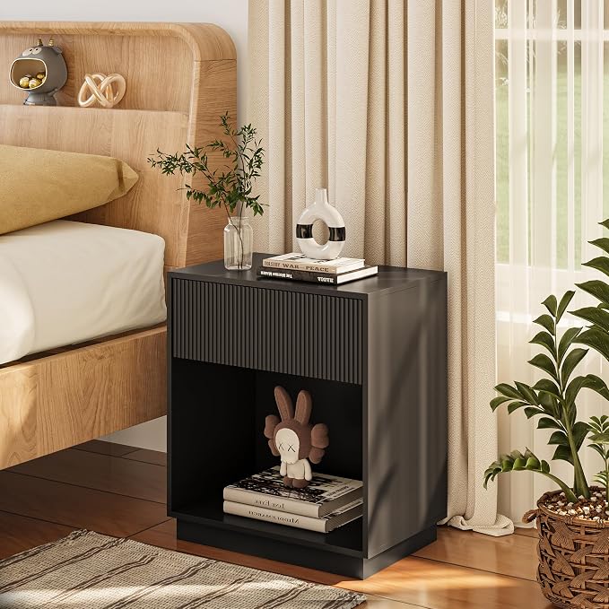 Fluted Nightstands Set of 2, Modern Bedside Table with Storage Drawer and Open Wood Shelf, Wood End Table Mid Century Night Stands for Bedroom Living Room Sofa Couch Office (Black)