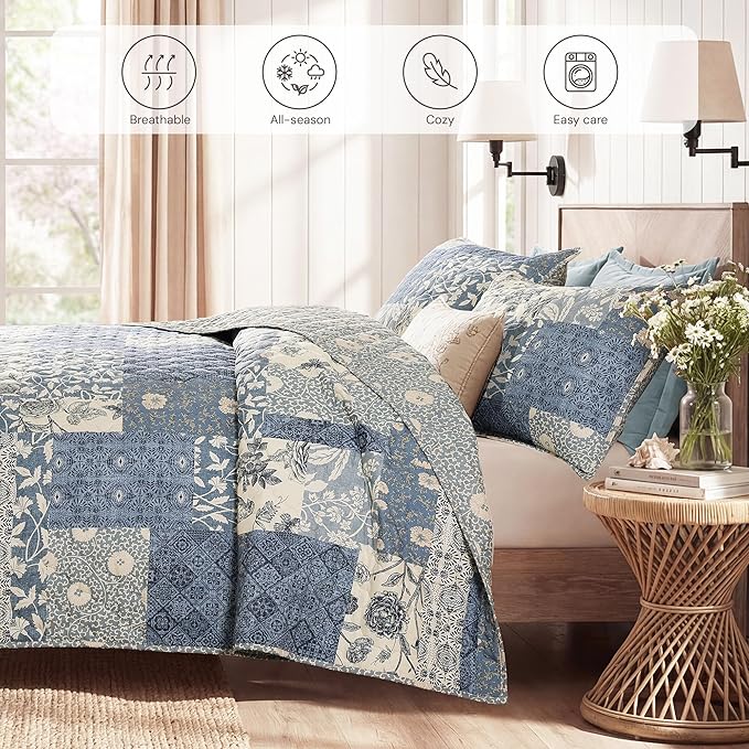 Twin/Twin XL Quilt Set-2 Pieces Soft Bedding Floral Patchwork Coverlet | All Seasons Lightweight Quilts Queen Size, 1 Quilt (66" x 92") and 1 Sham (20" x 26"), Reversible Bedspread, Blue