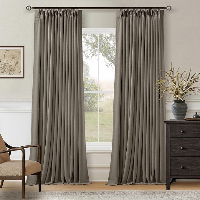 Taupe Gray Linen Blackout Pleated Curtains 90 Inches Long for Living Room | Pinch Pleat, 100% Black Out, Room Darkening, Thermal Insulated, Soundproof, Brownish Grey 90 Inch Drapes for Dining Bedroom