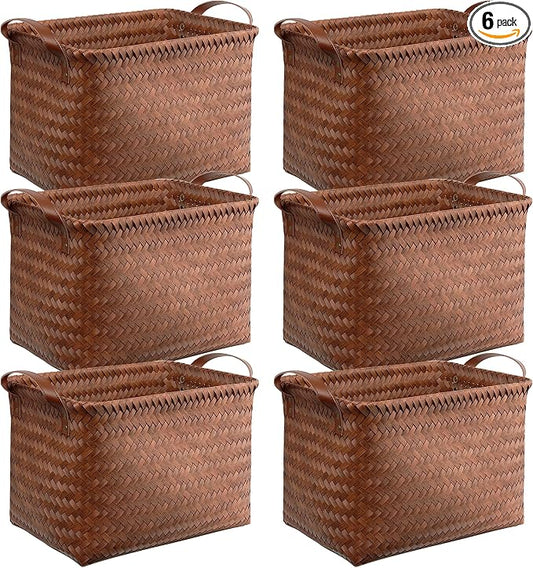 BROWNLILY Handwoven Clothes Basket Laundry Hampers Large Wicker Storage Baskets for Shelves Blankets Closet Storage Bins Car Bedroom Bathroom Organizers and Storage Bath (6, Brown)