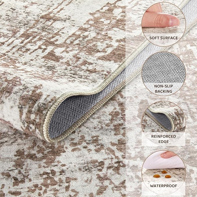 UERMEI 10x12 Washable Area Rug - Neutral Modern Abstract Living Room Rugs, Non-Slip Soft Large Indoor Floor Carpet for Bedroom Home Office & Under Dining Table Decor, Brown/Grey/Red