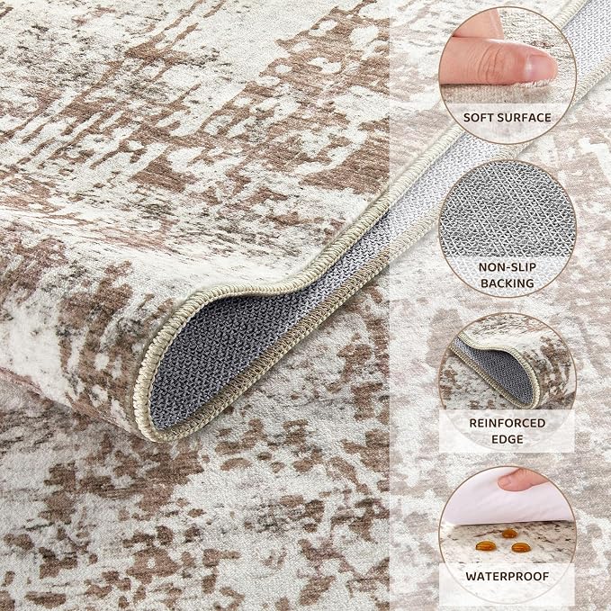 UERMEI 8x10 Washable Area Rug - Neutral Modern Abstract Living Room Rugs, Non-Slip Soft Large Indoor Floor Carpet for Bedroom Home Office & Under Dining Table Decor, Brown/Grey/Red