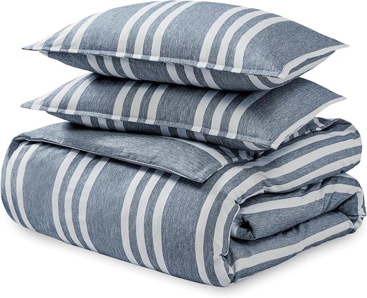 Bare Home Duvet Cover Set (Full, Stripe - Heathered Midnight Blue) | 1800 Ultra-Soft, Lightweight, Cooling, Breathable, Premium, All-Season