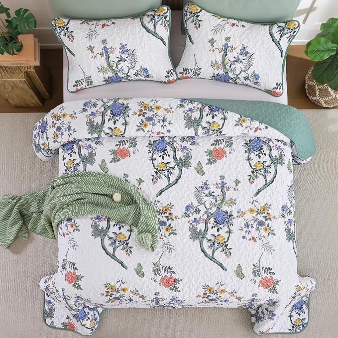 WONGS BEDDING Floral Quilt Set Queen, 3 Pcs Blue Green Bedspreads Coverlets | Spring Summer Floral Farmhouse Bedspread with 2 Shams,Soft Microfiber Lightweight Coverlet for All Season 96"×90"