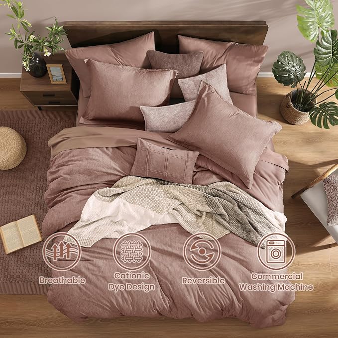 Monbix Full Comforter Set 7 Pieces Dusty Pink Cationic Dyeing Bed in a Bag | Lightweight Reversible All Season Bedding Sets with Comforter, Sheets, Pillowcases & Shams