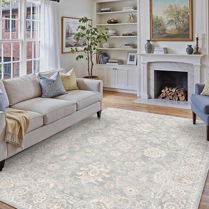 10x12 Blue Cream Neutral Area Rug | Vintage, Soft, Non Slip, Low Pile, Distressed, Carpet for Living Room Bedroom Dining Room Nursery Indoor Home Decor