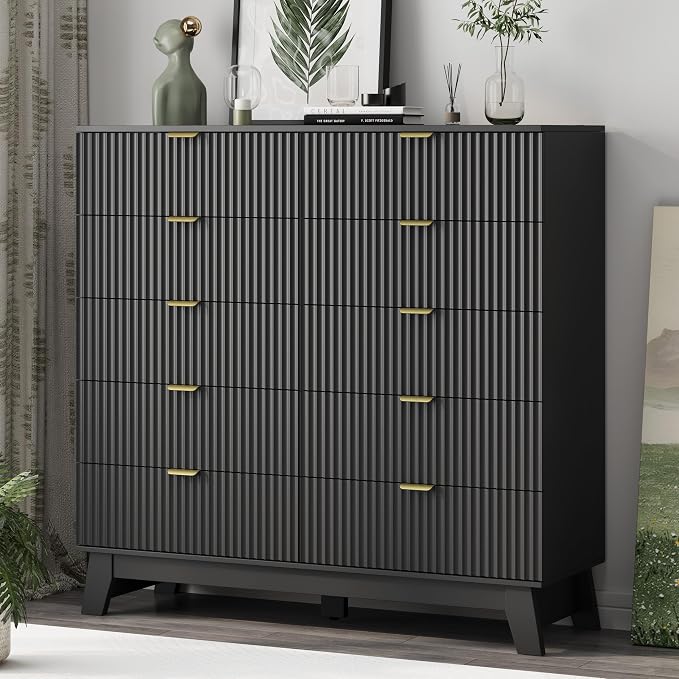 Xixini Fluted Dresser for Bedroom with 10 Drawers, 48" Wide Modern Chest of Drawers with Metal Handle, Wooden Dresser TV Stand, Wood Closet Clothes Storage Organizer for Living Room, Hallway, Black