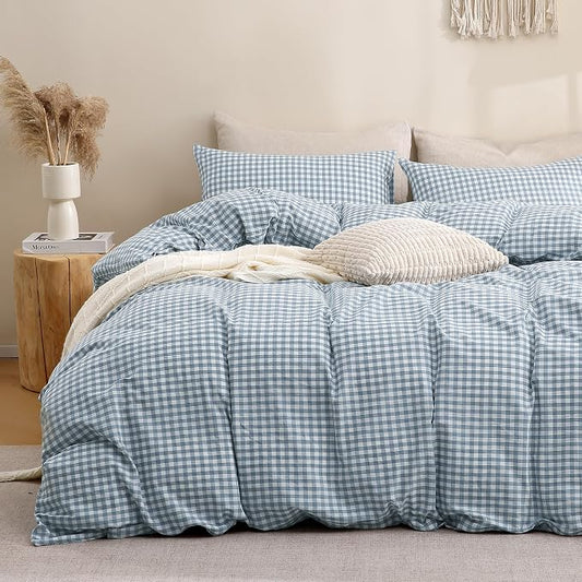TOCOMOA Blue Gingham Duvet Cover Set Washed Cotton Like Linen, Cal King | 100% Washed Cotton Linen-Like Feel Soft, Breathable & Comfy. Lightweight Bedding Set with Zipper & 8 Ties. 3 Pcs, No Insert