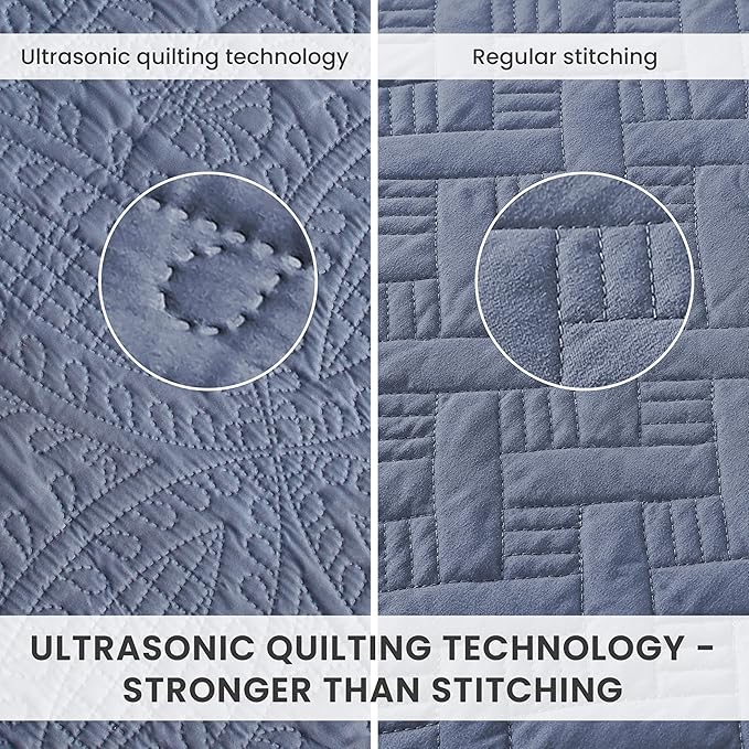 Love's cabin Queen Quilt Set Bluish Grey, Bed in a Bag Queen Bedding 7 Pcs, Ultrasonic Embossed Coin Pattern Comforter, Lightweight Bedspreads for All Seasons Quilt with Sheets, Pillowcases & Shams
