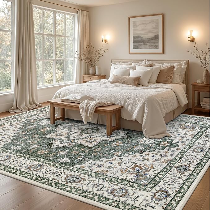 8x10 Area Rugs Living Room: Washable Rug for Bedroom Green Ivory | Boho No Slip Stain Resistant Rug Soft Indoor Decor Floor Floral Area Rugs for Dining Room, Nursery, Hallway, Home Office