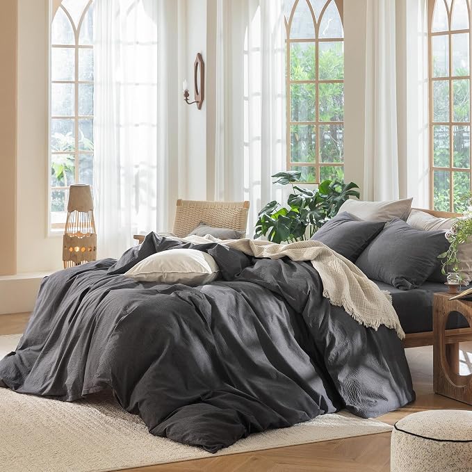 MooMee Duvet Cover Set 100% Washed Cotton Linen Like Super Queen | Relaxed Linen-like Texture. Soft, Breathable & Long-lasting Comfort. Lightweight. Hidden Zipper with 8 Interior Corner Ties