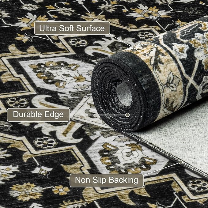 10x14 Area Rugs Living Room: Washable Rug for Bedroom Black Gold | Vintage No Slip Stain Resistant Rug Soft Indoor Decor Floor Floral Area Rugs for Dining Room, Nursery, Hallway, Home Office