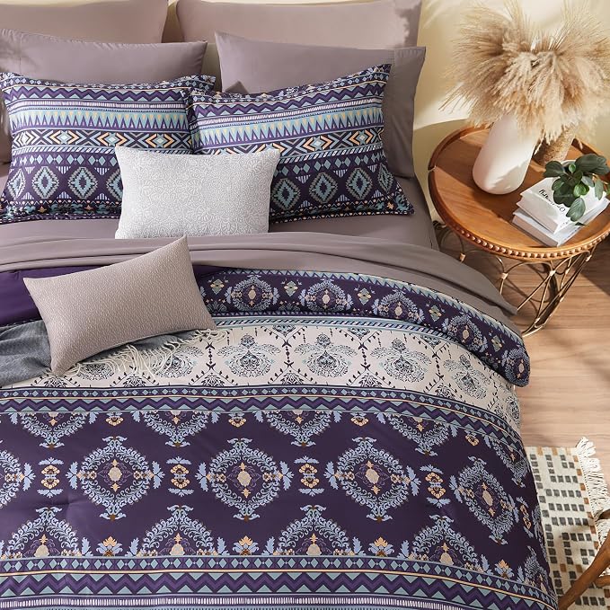 Queen Comforter Set - 7 Pieces Boho Bedding Set Aztec Bed in A Bag | Southwestern Bedding, All Season Tribal Bed Set with Comforter, Sheets, Pillowcases & Shams, Dark Purple