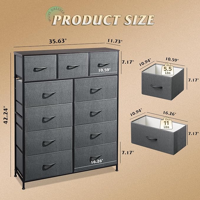 WLIVE Tall Dresser for Bedroom, 11 Drawer Chest of Drawers, Dark Grey | 11 fabric storage drawers, Tall high-capacity design, Bedroom or dorm use, Sturdy steel frame, Smooth wood tabletop