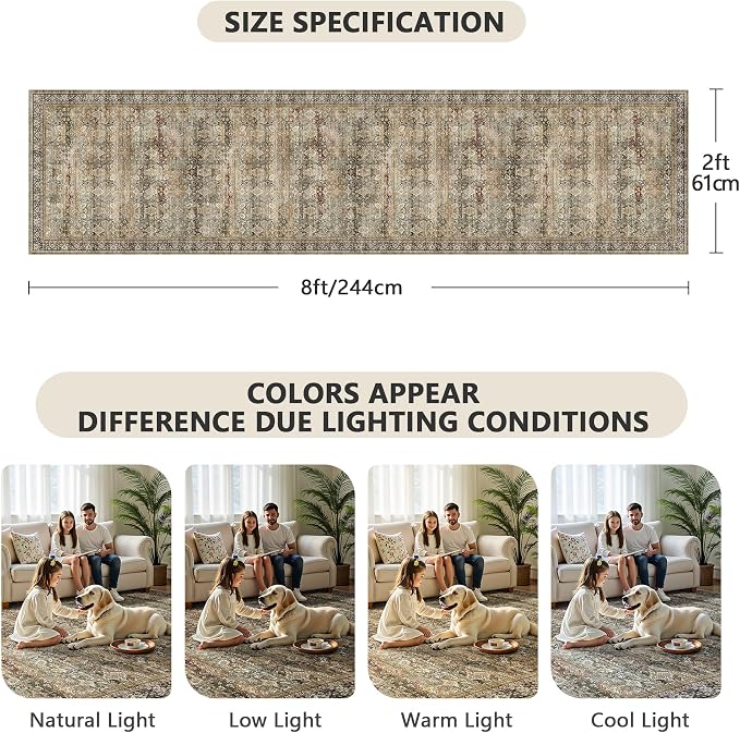 2x8 Hallway Runner Rug, Washable Vintage Retro Long Runner Rugs for Kitchen Laundry, Soft Ultra Thin Non Slip Low Pile Traditional Distressed Boho Carpet for Bedroom Bathroom, Charcoal Olive