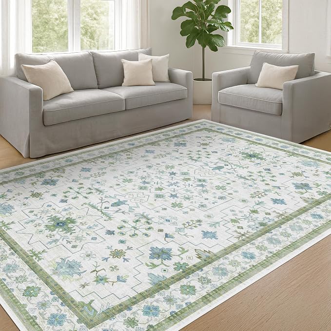 Oushak Area Rug for Bedroom 5x7 - Blue and Green Vintage Boho Floral Geometric, Washable Low Pile Non Slip Area Rugs for Nursery Room, Foyer, Cozy Aesthetic Room Decor