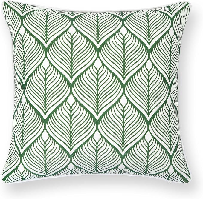 Hofdeco Premium Coastal Patio Indoor Outdoor Throw Pillow Cover Only, 20"x20" Water Repellent for Backyard, Couch, Green Print Geometric Leafs