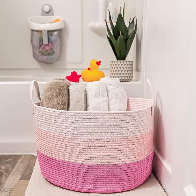 OrganiHaus Round Toy Basket & Blanket Basket, Cotton Rope 20x13" | 3-Toned Pink - Round Cotton Rope Basket, 20x13"