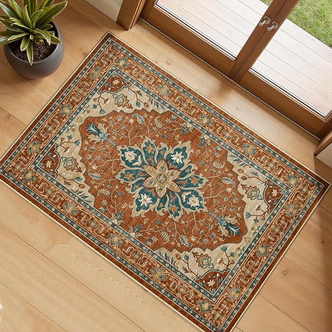 RELEANY Washable Area Rug, Small 2'x3', Red/Orange/Blue/Brown | Non-Slip, Water Repellent, Pet Friendly, Easy to Clean, Vintage Floral Boho Decor for Kitchen Entryway Bathroom