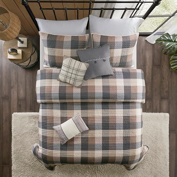 Madison Park Cabin Lifestyle Plaid Quilt Set, 6PC Full/Queen Coverlet | All Season, Luxurious Coverlet Bedspread Lightweight Bedding Layer, Shams, Decorative Pillow, Neutral