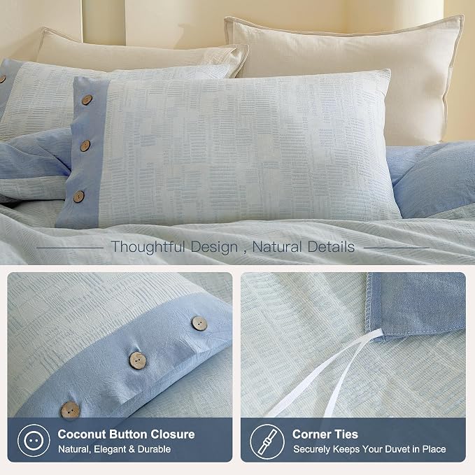 Oli Anderson 100% Egyptian Cotton Duvet Cover Queen Size, Blue, 3 Pieces | Yarn Dyed Jacquard Textured Bedding Set, Striped Boho Design, Pre-Washed, Button Closure, Soft Breathable, All Season Comfort