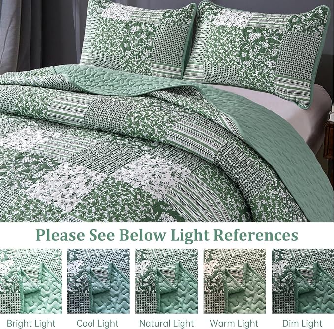 Mybedsoul Green Quilt Set Full Size, Patchwork Floral Bedding Set | Soft Lightweight Microfiber Coverlet Set, 3 Pieces Plaid Reversible Bedspread, Bed Sets for All Seasons 78"x90"