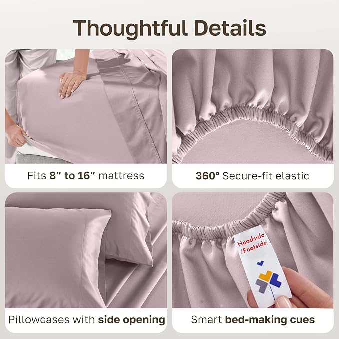 California Design Den 100% Cotton Sateen Queen Sheet Set Deep Pocket, 4 Pcs | Soft 500 Thread Count Backed by Good Housekeeping Seal, 16" Deep Pocket, All-Around Elastic, Durable, Easy Care - Soft Rose