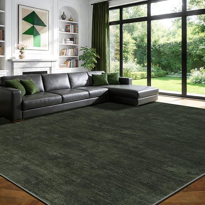 10x12 Washable Rug, Dark Green Solid Area Rugs for Living Room & Bedroom | Stain-resistant & Non-slip backing,Low Pile Washable Large Carpet, Solid Style For High Traffic Areas(10x12,Dark Green)