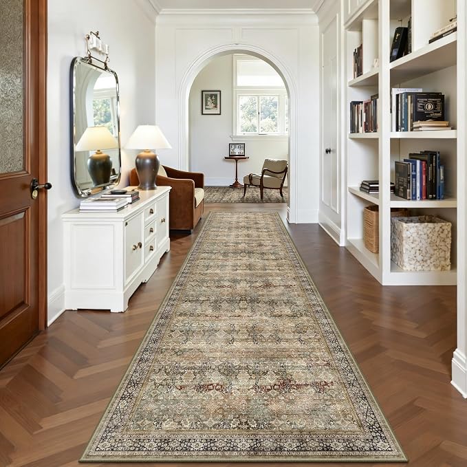 2x8 Hallway Runner Rug, Washable Vintage Retro Long Runner Rugs for Kitchen Laundry, Soft Ultra Thin Non Slip Low Pile Traditional Distressed Boho Carpet for Bedroom Bathroom, Charcoal Olive