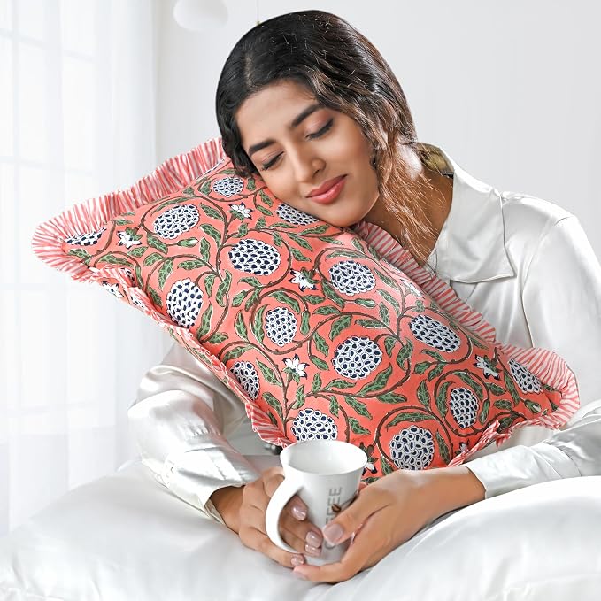 Ridhi Block Print Dark Salmon Pink Ruffle Lumbar Pillow Shams, 20" x 12" | 100% cotton, Floral Pillowcase, Cushion Cover, Hidden Zipper, Cottagecore Bedding, farmhouse boho style, fits couch, sofa,Bed