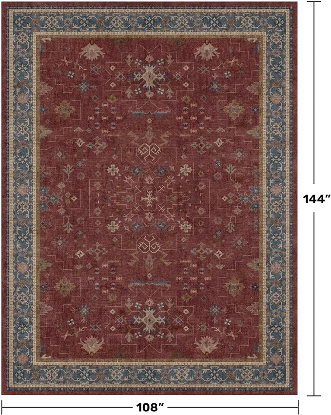 Oriental 9x12 Soft Rugs for Living Room - Dark Red Rugs for Bedroom Aesthetic, Dining Room Under Kitchen Table, Washable Soft Non Slip Large Area Vintage Décor