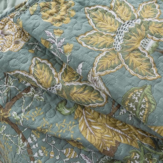 Bedspread Quilt Sets-Reversible Patchwork Coverlet Set, Green Floral Pattern, King Size