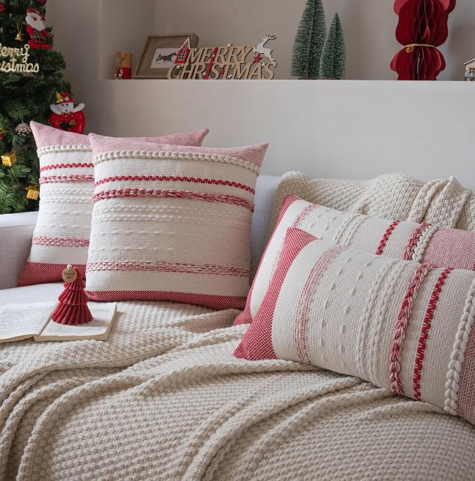 Christmas Lumbar Pillow Covers 14x36 Inch Long, Red Textured Boho Christmas Decoration Pillow Cases for Farmhouse Home Decor, Accent Cushion Cover for Sofa, Bed, Living Room, Bedroom, Pack of 1