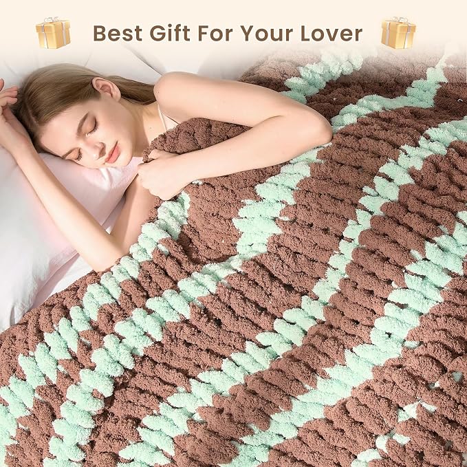 L'AGRATY Chunky Knit Throw Blanket for Couch, 50 x 60 Inches, Brown Green | Handmade Chenille Crochet Blanket for Sofa Bed, Thick Cable Knitted Blankets for Room Home Decor, Birthday Gift for Women Mom