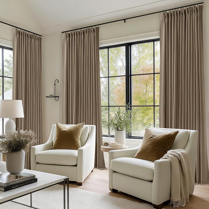 TWODRAPES Latte 80 Inch Pinch Pleated Linen Blackout Curtains for Living Room