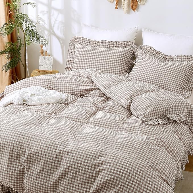 ATsense Tan Gingham Ruffle Duvet Cover Bedding Set Cotton Like Linen, Queen | 100% Washed Cotton Linen-Like Feel Soft, Breathable & Comfy. Fall Vintage Farmhouse Decor, Zipper & 8 Ties. 3 Pcs, No Insert
