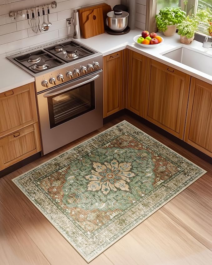 RELEANY Washable Area Rug, 3'x4', Brick/Brown/Green | Non-Slip, Water Repellent, Pet Friendly, Easy to Clean, Vintage Floral Boho Decor for Living Room Bedroom Beside Kitchen