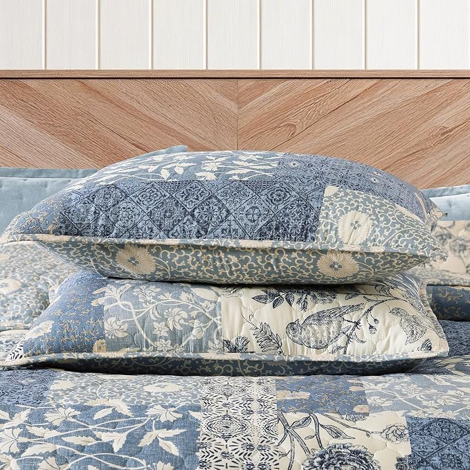 King Quilt Set-3 Pieces Soft Bedding Lightweight Floral Patchwork Coverlet | All Seasons Quilts Queen Size for Bed, 1 Quilt (106" x 94") and 2 Shams (20" x 36"), Vintage Bedspread, Blue