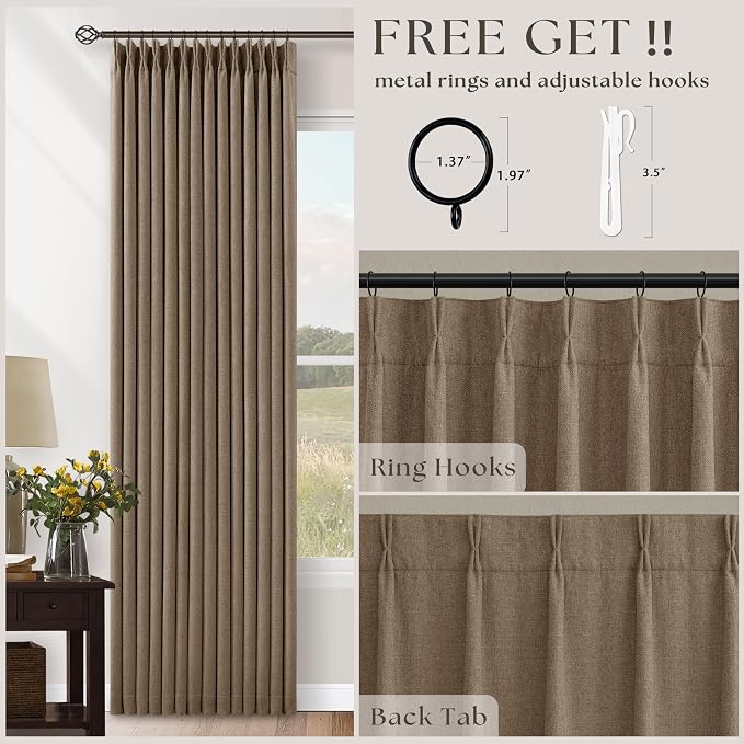 TWODRAPES Latte 80 Inch Pinch Pleated Linen Blackout Curtains for Living Room