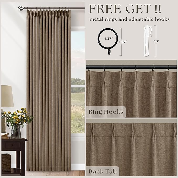 Light Brown 100% Blackout Linen 100 Inch Bedroom Curtains 2 Panels, Latte | Pinch Pleated, Linen, Thermal Insulated Heavy Curtains 40 x 100 Inches Length, Sliding Glass Door, Room Darkening Drapes