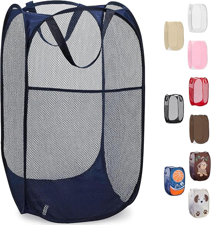 Handy Laundry Collapsible Mesh Foldable Hamper 14" x 14' x 24" Navy Blue | Collapsible Mesh Pop Up Hamper, Wide Opening, Side Pocket, Breathable, Sturdy, Foldable, Space-Saving for Clothes Storage