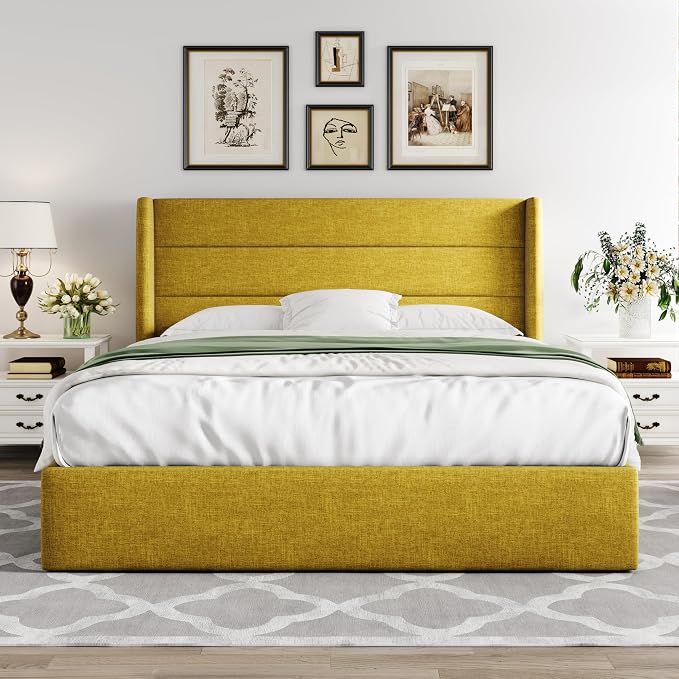 Allewie Queen Size Lift Up Hydraulic Storage Bed Frame Olive Yellow | Modern Wingback Headboard, Hydraulic Support Storage, No Box Spring Needed