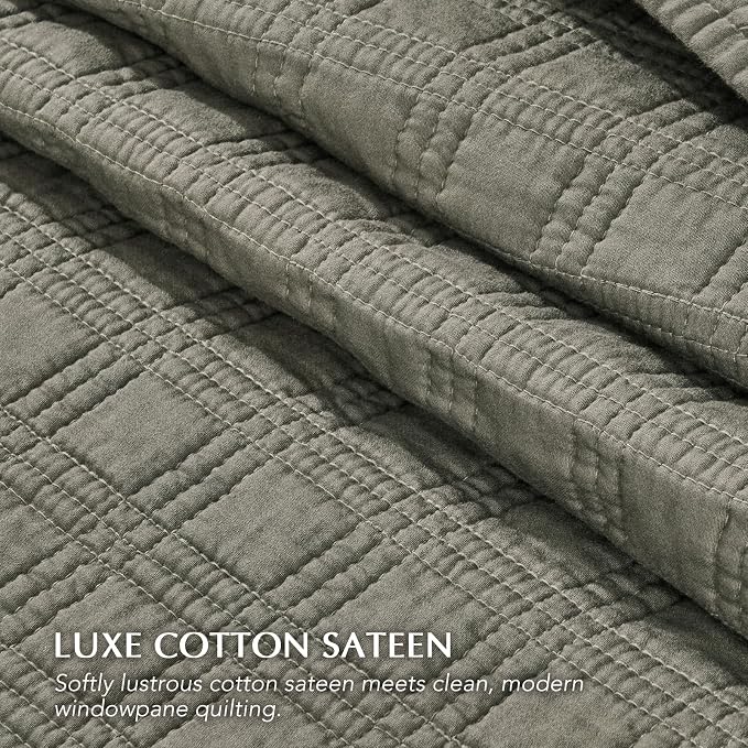 EVERGRACEHOME Cotton Sateen Windowpane Quilt Set King Size, Stone Sage | 100% Cotton, Pre-Washed Soft Coverlet Bedspread, 3-Piece Lightweight Bedding Set for All Season, with 2 Pillow Shams