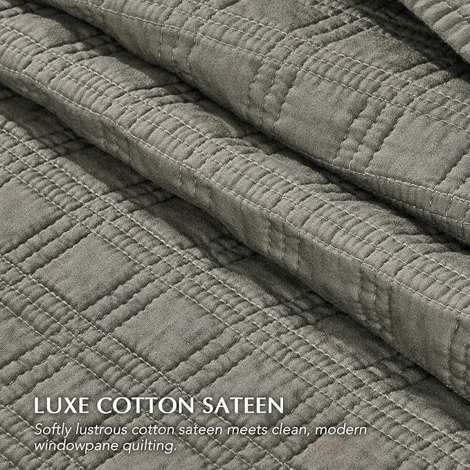 EVERGRACEHOME Cotton Sateen Windowpane Quilt Set Queen Size, Stone Sage | 100% Cotton, Pre-Washed Soft Coverlet Bedspread, 3-Piece Lightweight Bedding Set for All Season, with 2 Pillow Shams