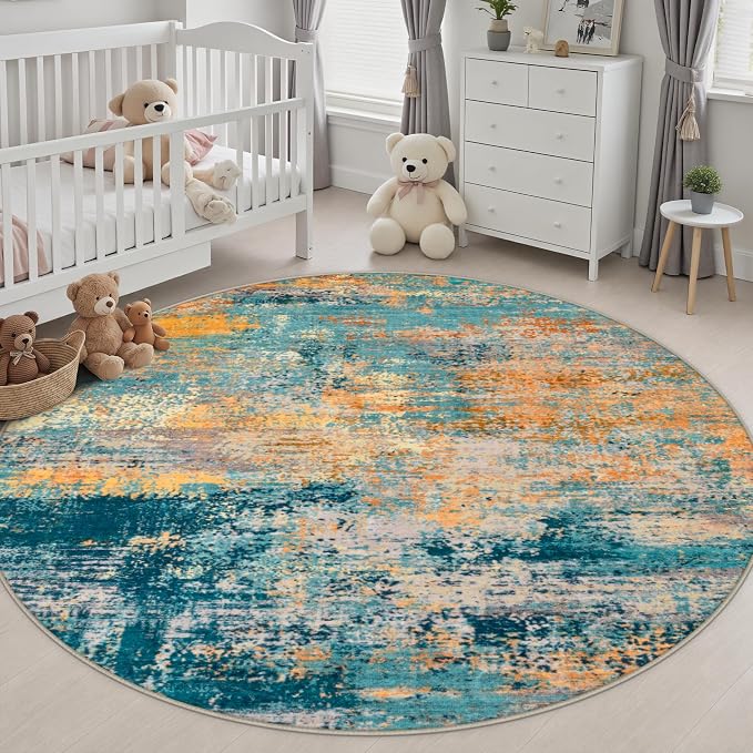 Round Area Rug Living Room: 8 ft Modern Washable Indoor Carpet | For Bedroom Dining Room Farmhouse Nursery Hallway Office,Modern Abstract,Machine washable,Non-Slip,Stain Resistant,Indoor