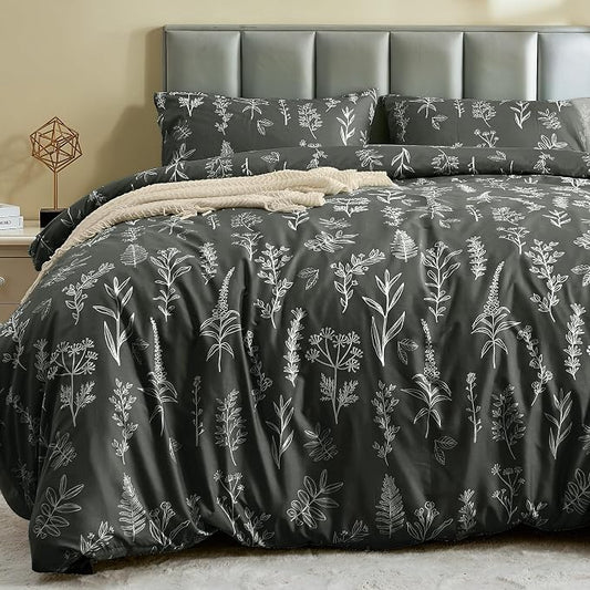 MUXHOMO Duvet Cover Full Size, Reversible Floral Dark Grey Duvet Cover Set with Zipper Closure, 3 Pieces Botanical Patterns Soft Microfiber Bedding Set with 4 Ties (80"x90", 2 Pillow Cases)