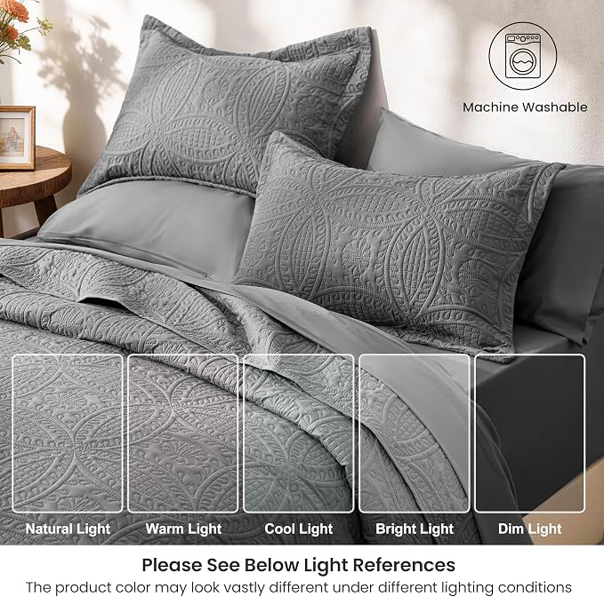 Love's cabin Queen Quilt Set Grey, Bed in a Bag Queen Size Bedding 7 Pieces, Ultrasonic Embossed Coin Pattern Comforter, Lightweight Bedspreads for All Seasons Quilt with Sheets, Pillowcases & Shams