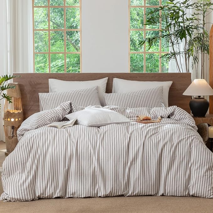MooMee Striped Duvet Cover Set 100% Washed Cotton Linen Like King | Relaxed Linen-like Texture. Soft, Breathable & Long-lasting Comfort. Lightweight. Hidden Zipper with 8 Interior Corner Ties