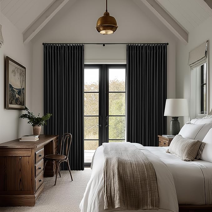 Black 105 Inch Pinch Pleated 100% Blackout Curtains with Liner 2 Panels Set | Thick Linen Textured, Energy Saving, Soundproof, Light UV Blocking, Thermal Insulated Curtain for Living Dining Room Bedroom